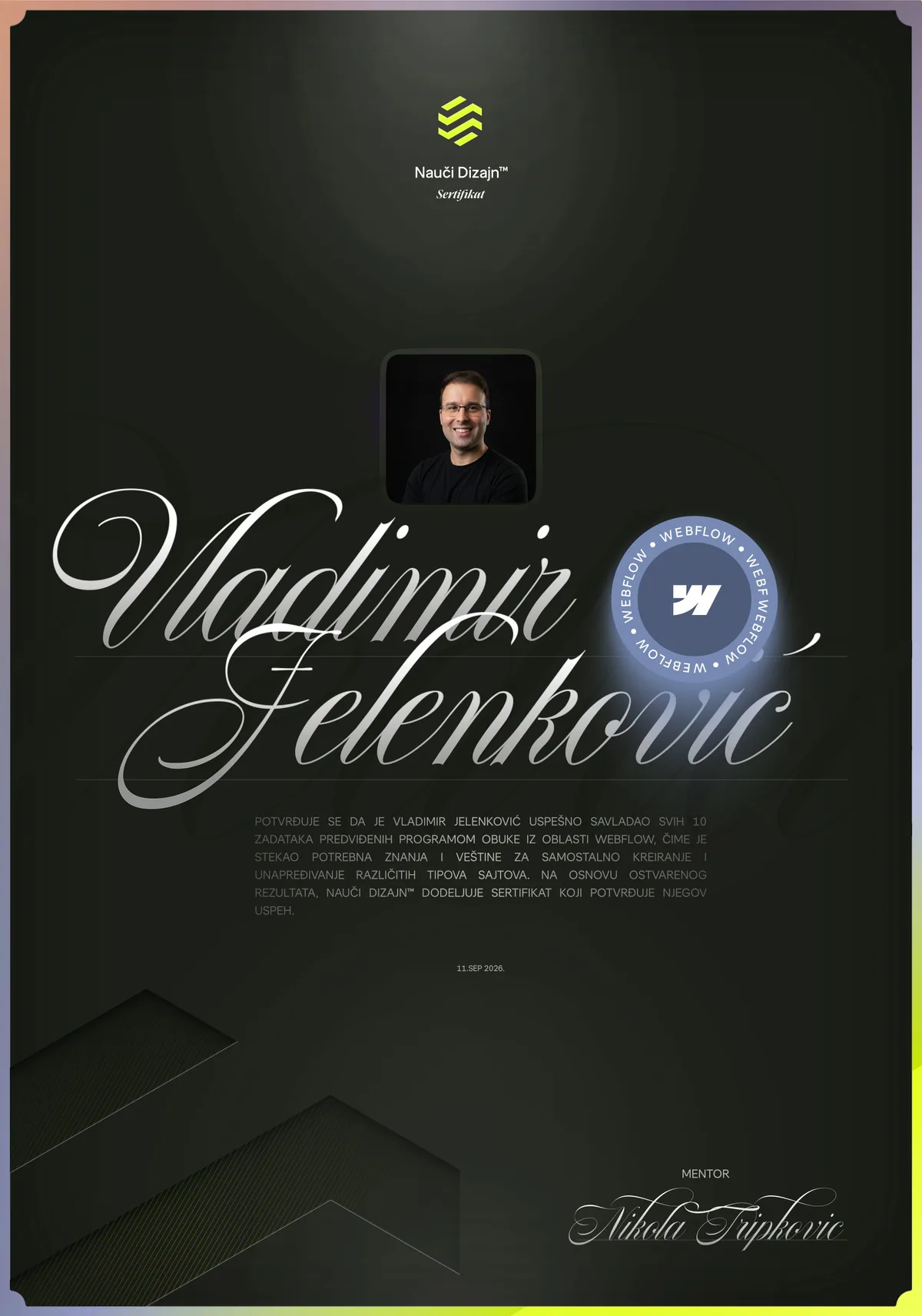 Webflow training certificate issued to Vladimir Jelenković by Nauči Dizajn